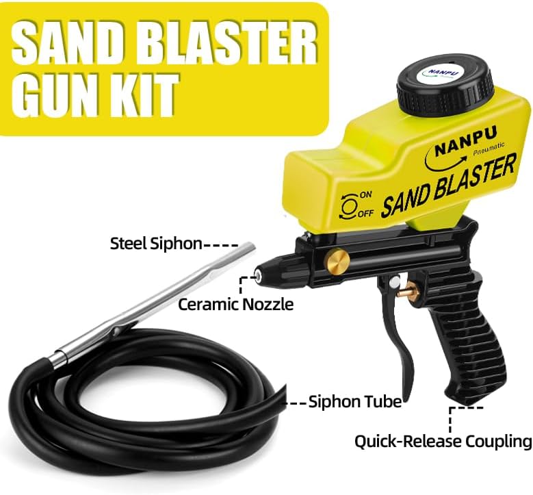 NANPU Light-Duty Air Sandblaster Gun Kit with Siphon & Gravity Feed, Ceramic Nozzle, Metal Body, for Small Project Surface Prep, Paint & Rust Removal, Metal/Wood/Glass Etching, Requires Air Compressor - Image 2